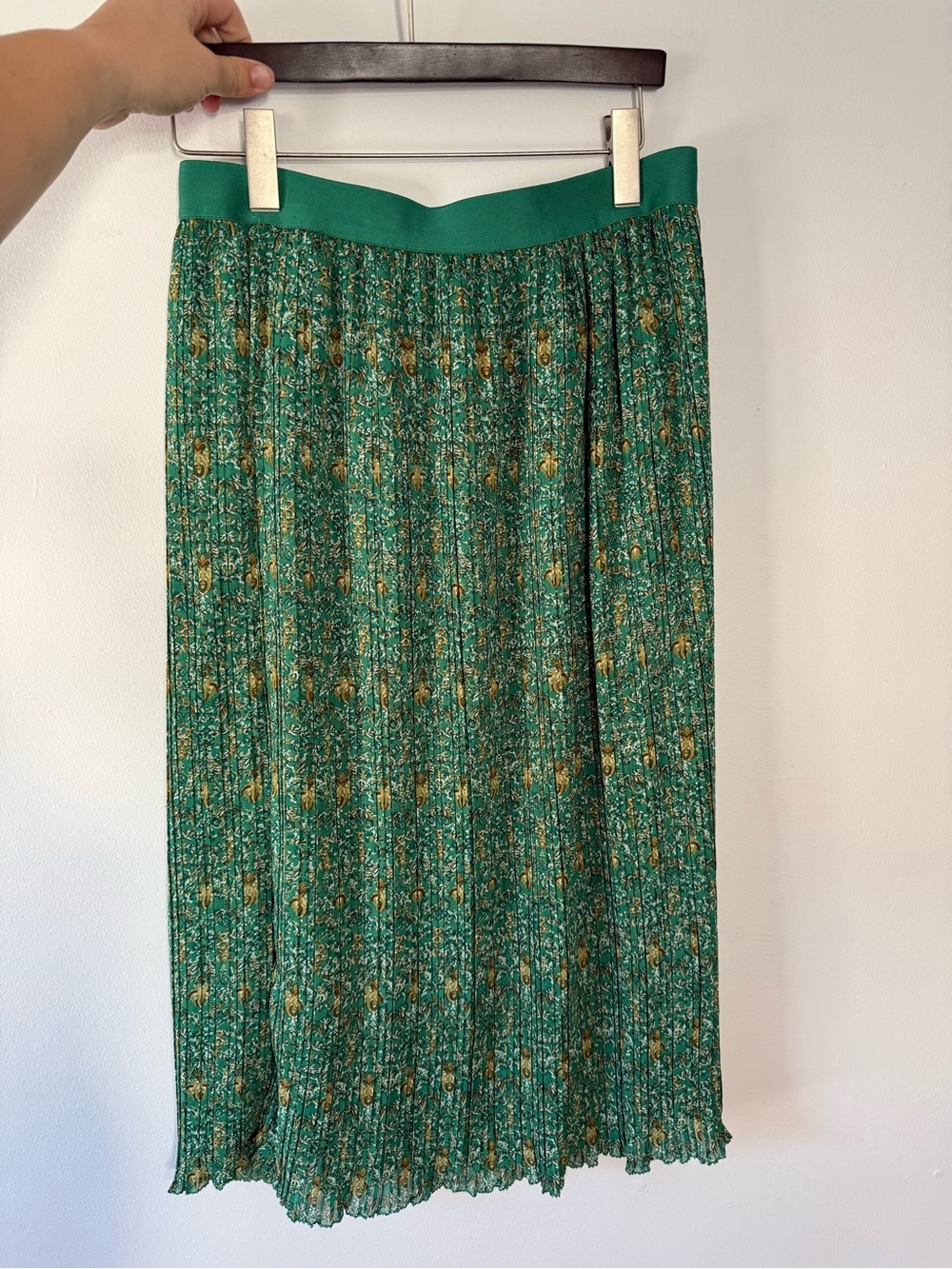 Green Printed Pleated Midi Skirt